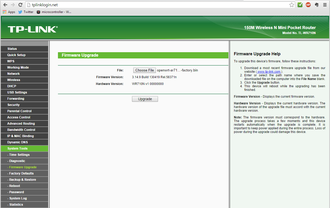 Firmware upgrade file chosen